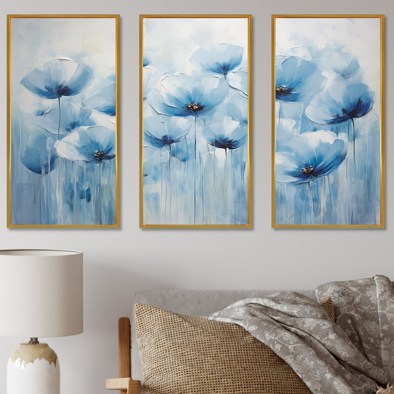 Cerulean Calm Poppy Dreams I - Ensemble de décorations murales coquelicots, Cadre flottant doré, H 40 po x l 60 po x P 1 po