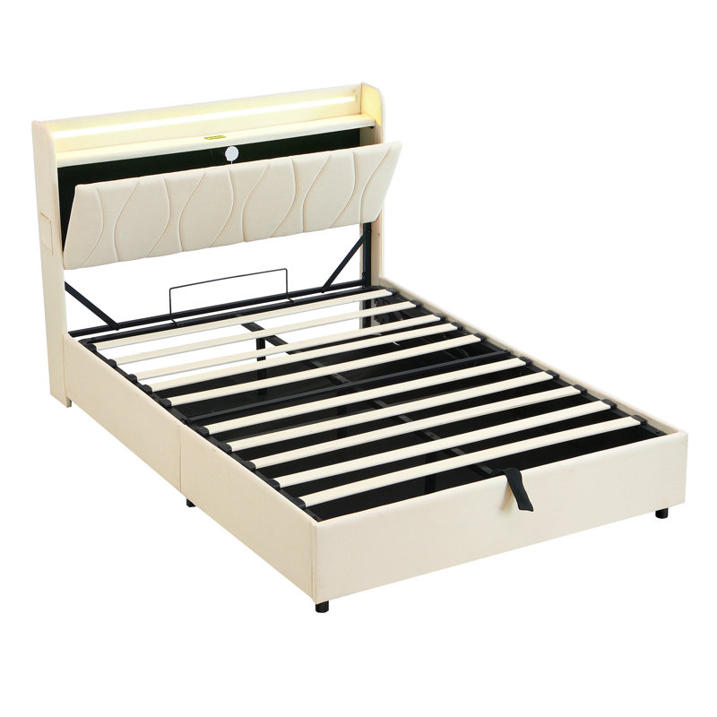 Upholstered Bed Frame With Hydraulic Storage, Beige, Double (4'6)