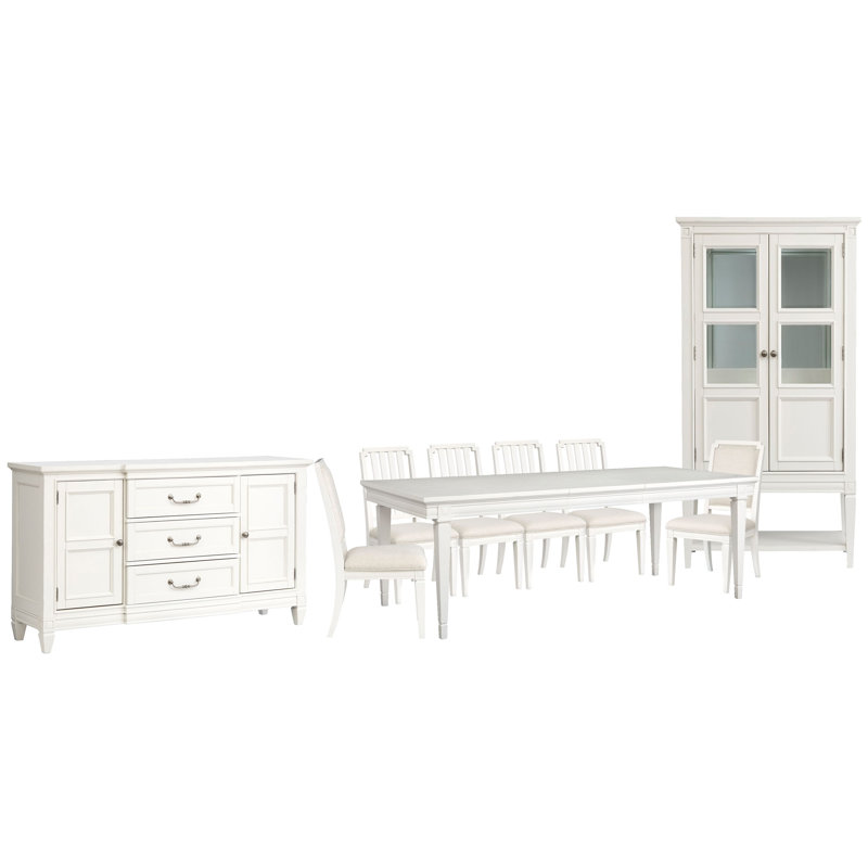 Extendable Rectangular Dining Table With 4 Side Chairs 2 Upholstered Side Chairs Buffet And Display Cabinet