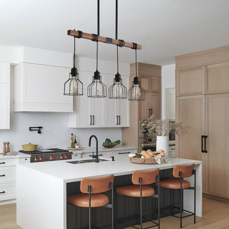 Luminaire suspendu pour îlot de cuisine 4 lumières, hauteur réglable de 47 po avec lustre de salle à manger moderne en métal noir et bois rustique avec base E26 pour bar Farmhouse