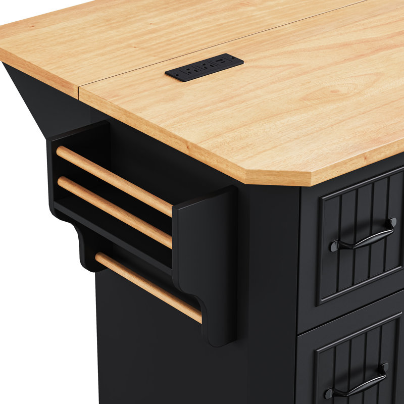Black Kitchen Island With Internal Storage & 47" Wide Top 56" Cart Folding Countertop 6 Deep Drawers,, Black