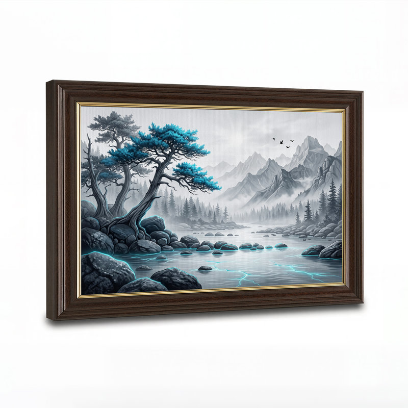 Tableau sur toile représentant un paysage de montagne brumeux avec un pin bleu, H 12 po x l 18 po