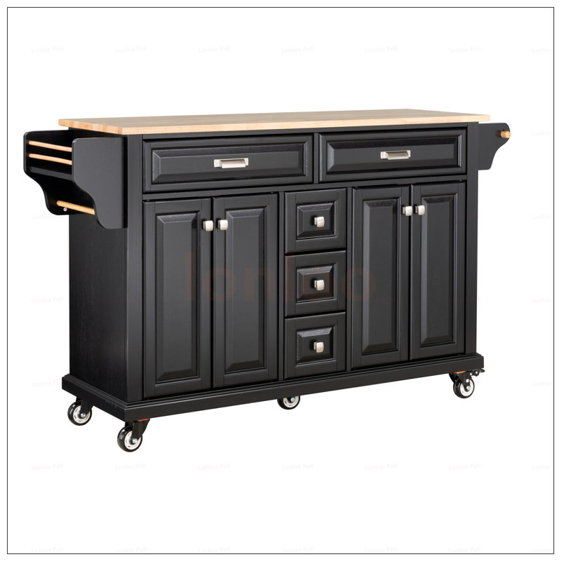 Kitchen Island With Rubber Wood Countertop, 5-Wheel Mobility, And Ample Storage For Enhanced Cooking Experience, Black