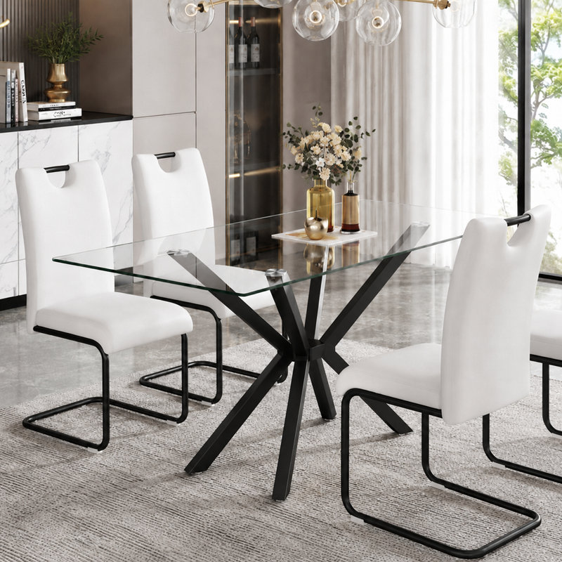 47.24" Rectangular Tempered Glass Dining Table With Metal Legs, Black