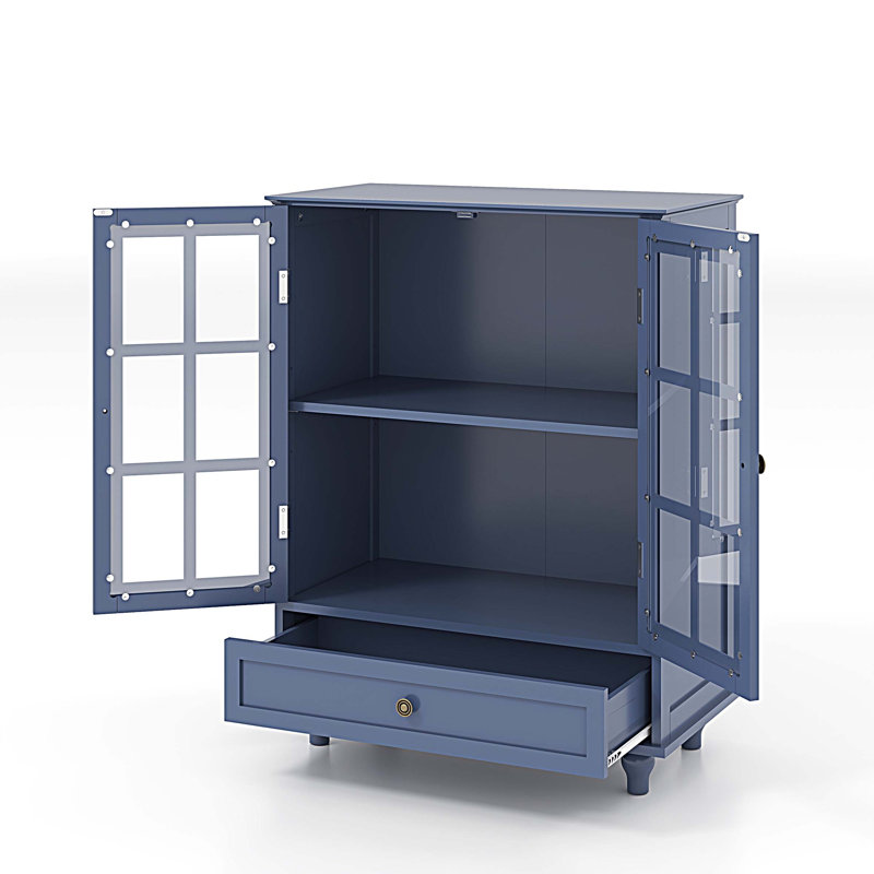 Modern Wooden Storage Sideboard Cupboard, Buffet Cabinet with Double Glass Doors and Drawer, Blue