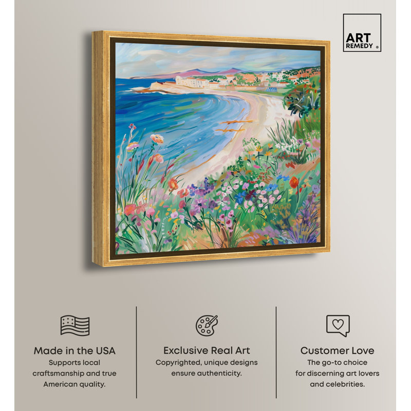 Vibrant Coastal Canvas Wall Art with Gold Frame, 24" x 24"