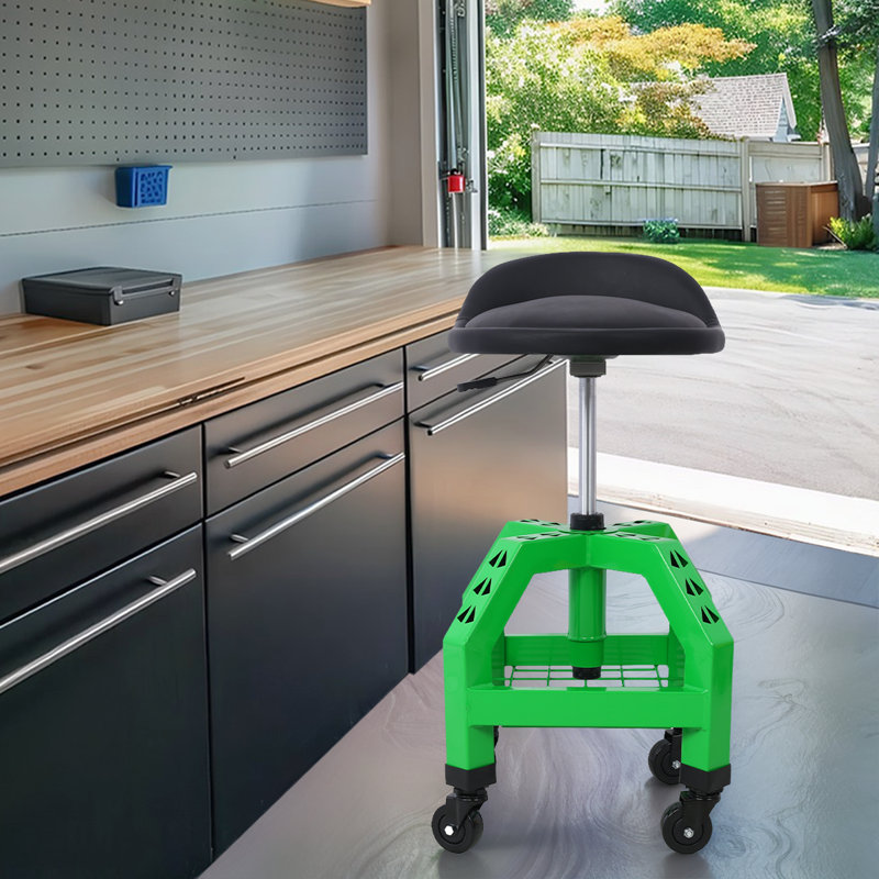 Tabouret pneumatique avec roulettes, siège de mécanisme de roulement réglable avec grille métallique, Vert