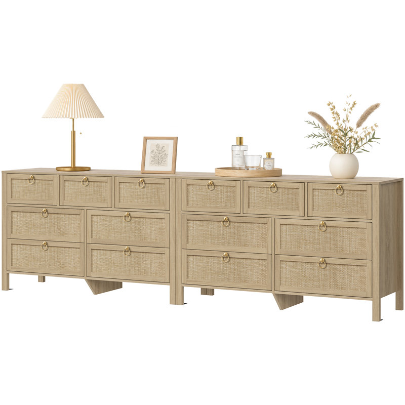 Commode Pomodoro 51 po L en rotin à 7 tiroirs avec poignées dorées, style bohème côtier, Greige Oak/Gold