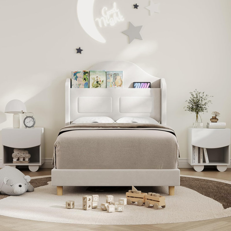 Upholstered Twin Bed Frame With LED Lights, Velvet Platform Bed Frame With Wing Back Storage Headboard, Wood Slats Support, No Box Spring Needed, Easy Assembly, Beige