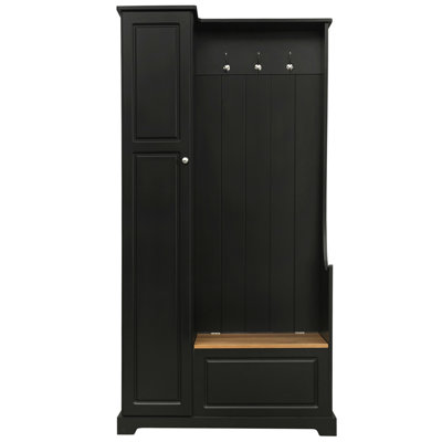 Arbre d'entrée contemporain contemporain sophistiqué fabriqué en noir avec banc rabattable et rangement personnalisable pour crochets en grain de bois de style chic