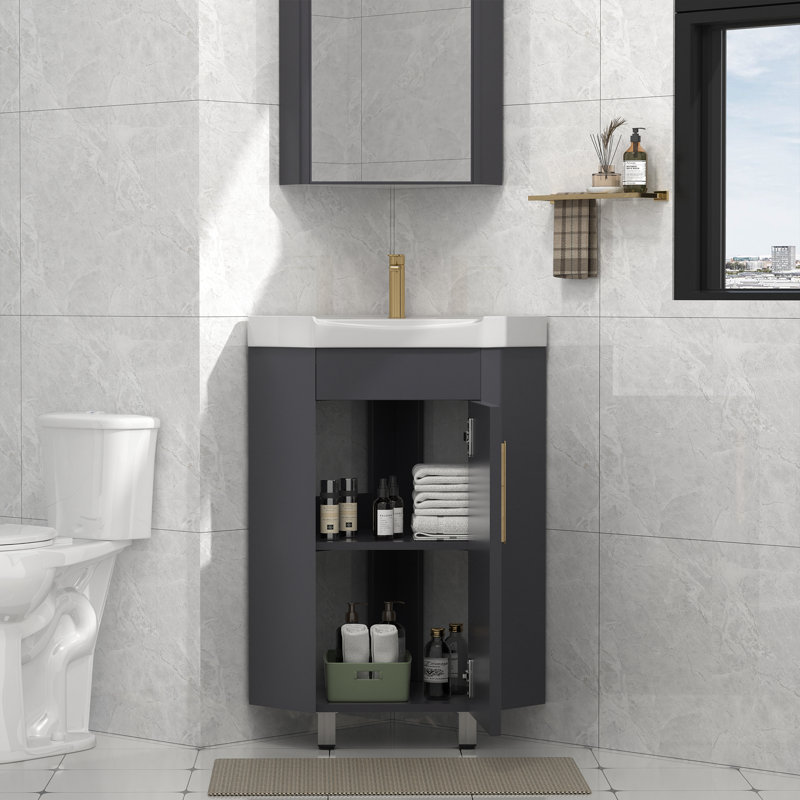 17" Freestanding Corner Single Bathroom Vanity With Ceramic Sink- Mirror Cabinet Not Included, Gray