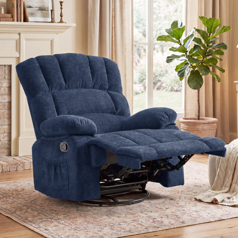 Breasha 39.7" Wide Manual Upholstered Swivel Rocker Recliner, Blue Polyester