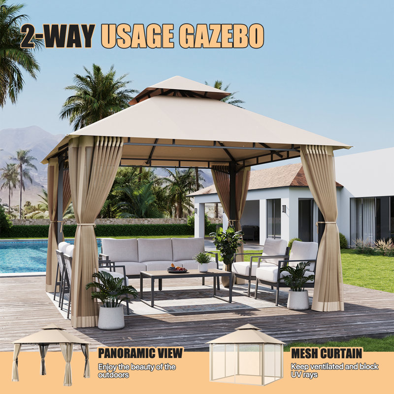 10' x 10' Heavy Duty Patio Gazebo with Extended Eaves - Stable Frame Double Roof Pavilion with Netting and Built-In Drainage