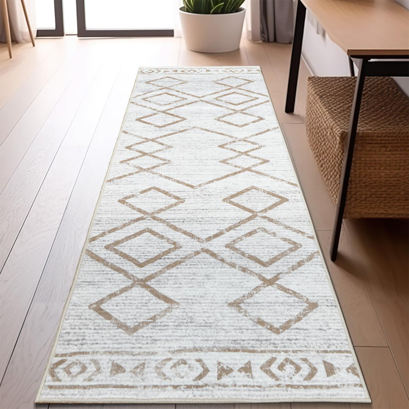 Geometric Non-Slip Machine Washable Taupe Runner Rug, Runner 2' x 6'