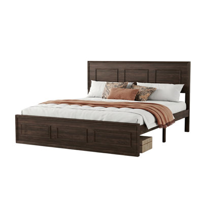 Queen Size Bed with Adjustable Height Headboard, Pine Wood Bed with Strengthened Bed Frame ,Rich Brown