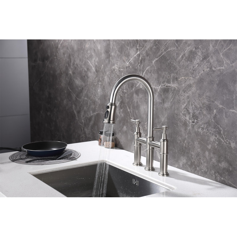 Bridge Kitchen Faucet With Pull-Down Sprayhead In Spot, Brushed Nickel