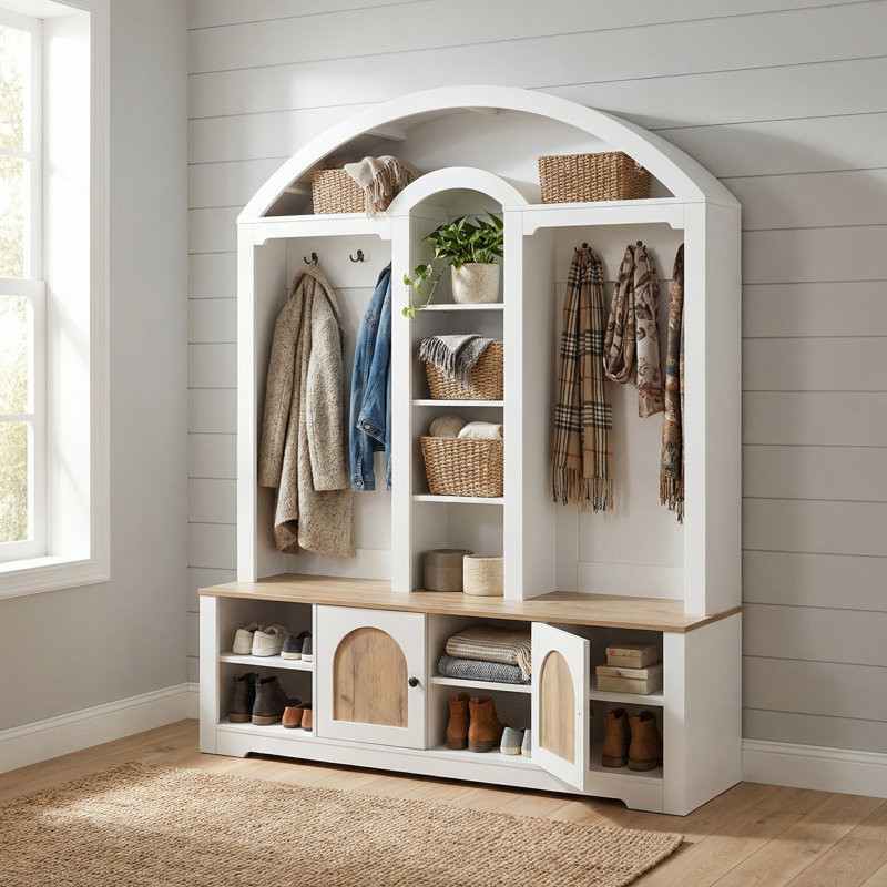 Armoire d'entrée multifonctionnelle avec porte-chaussures, crochets à vêtements et crochets de rangement, garde-robe robuste en MDF avec design moderne et grand espace de rangement pratique
