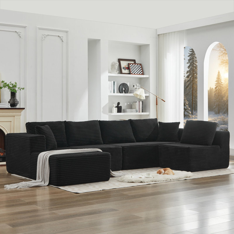 Nuage noir 106 po en forme de L avec méridienne orientée vers la gauche, 3 sièges, sans assemblage, velours côtelé modulaire mi-doux