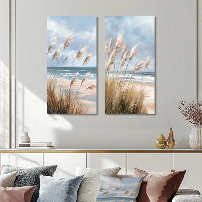 Beach Grass Swaying in the Coastal Breeze I – Ocean Metal Wall Art Print Set of 2