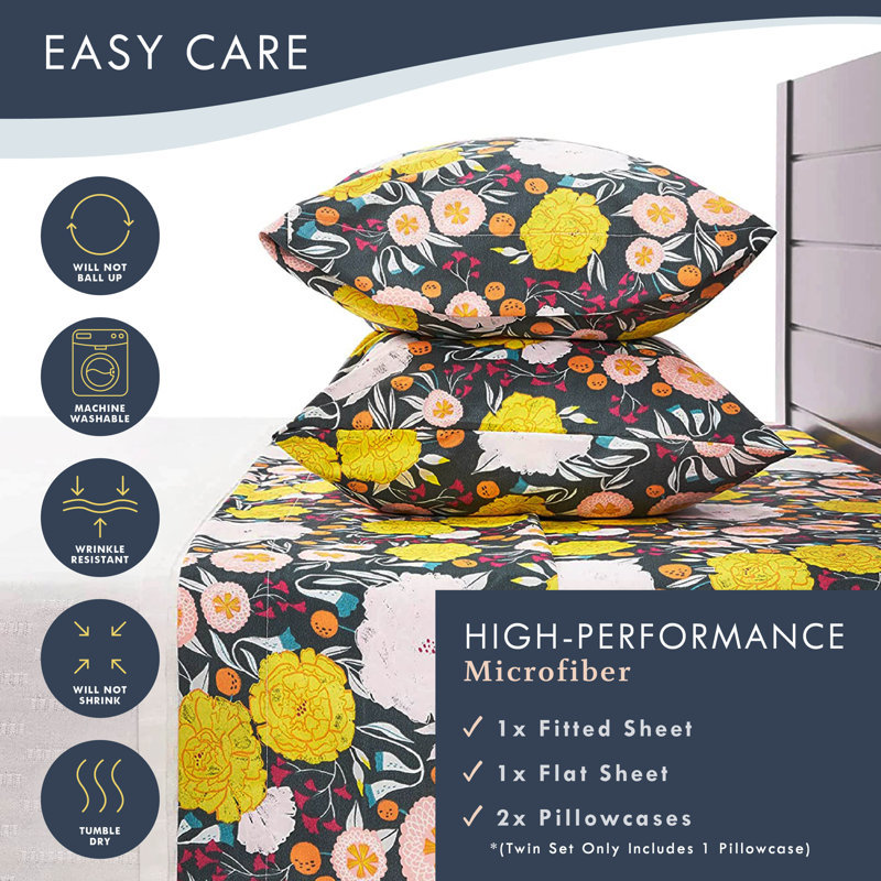 Full Size Gray and Yellow Floral Microfiber Bedding Set