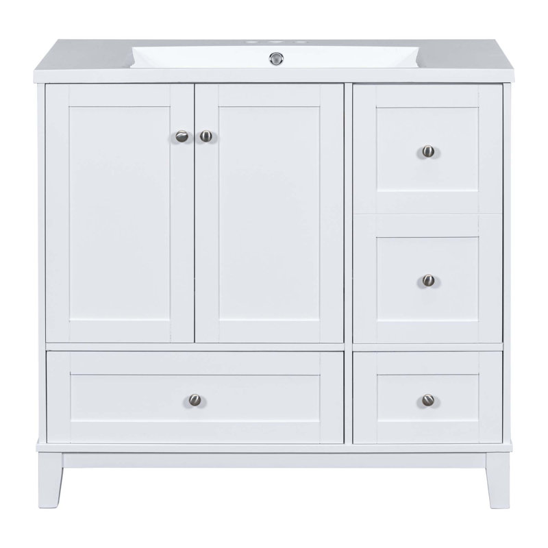 Meuble-lavabo moderne simple avec lavabo, chargement USB, 2 portes et 3 tiroirs, Blanc