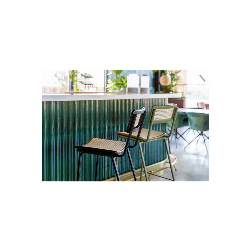 Bauhaus Inspired Black Steel and Wood Counter Stool with Rattan Seat