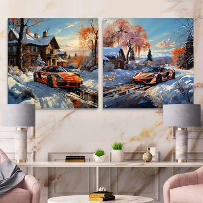 Exotic Car Charm In Winter - Car Exotic Acrylic Wall Art Glass Set Of 2