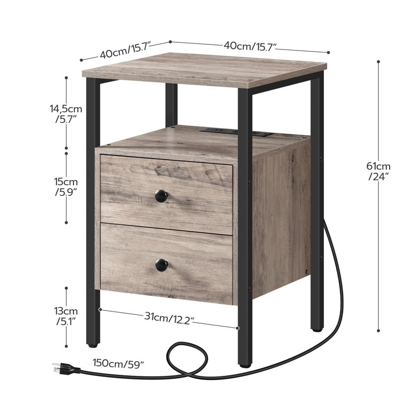 24'' Tall 2 - Drawer Iron Nightstand with Storage and Built-In Outlets, Black/Greige