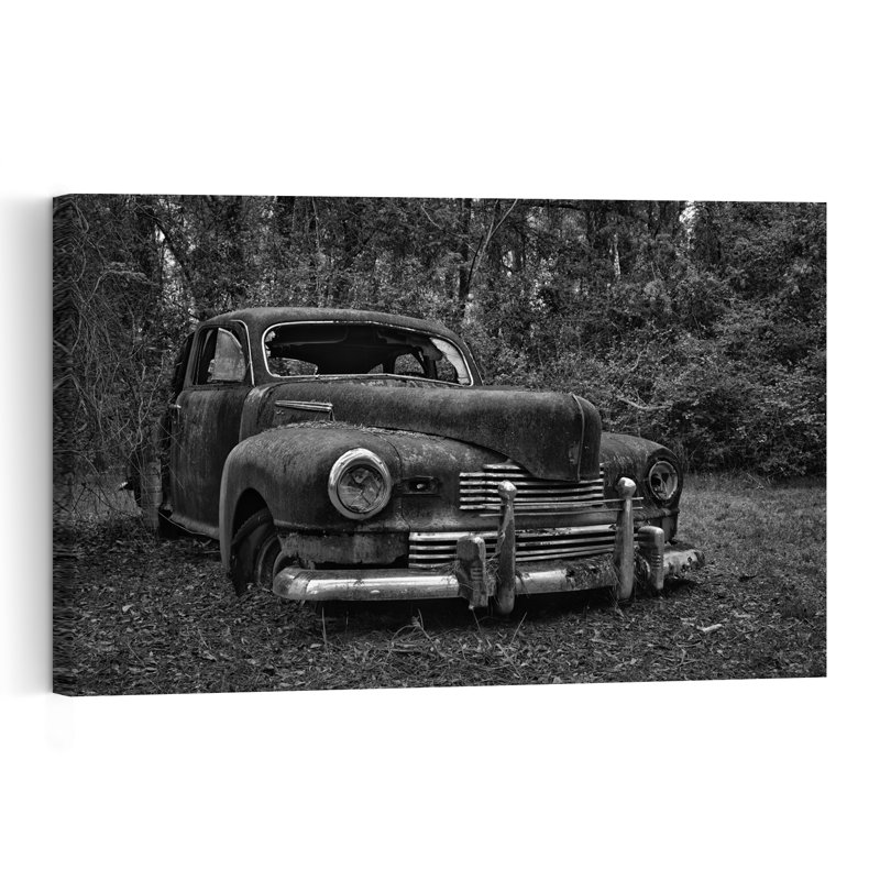 Voiture rétro oubliée, classique, rétro, forêt, nature, affiche murale, H 24 po x l 36 po