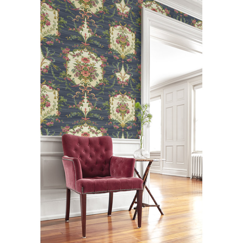 Rouleau de papier peint lisse L 27 pi x l 27 po Bidwell Floral Cameo, Bleu minuit / baie