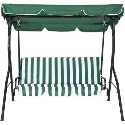 Outdoor Porch Swing Chair with Adjustable Canopy & Striped Seat Cushion for Adults 3-Seat Patio Glider Bench with Thick Cushions Steel Frame Outdoor Swing Chair for Backyard Lawn Garden