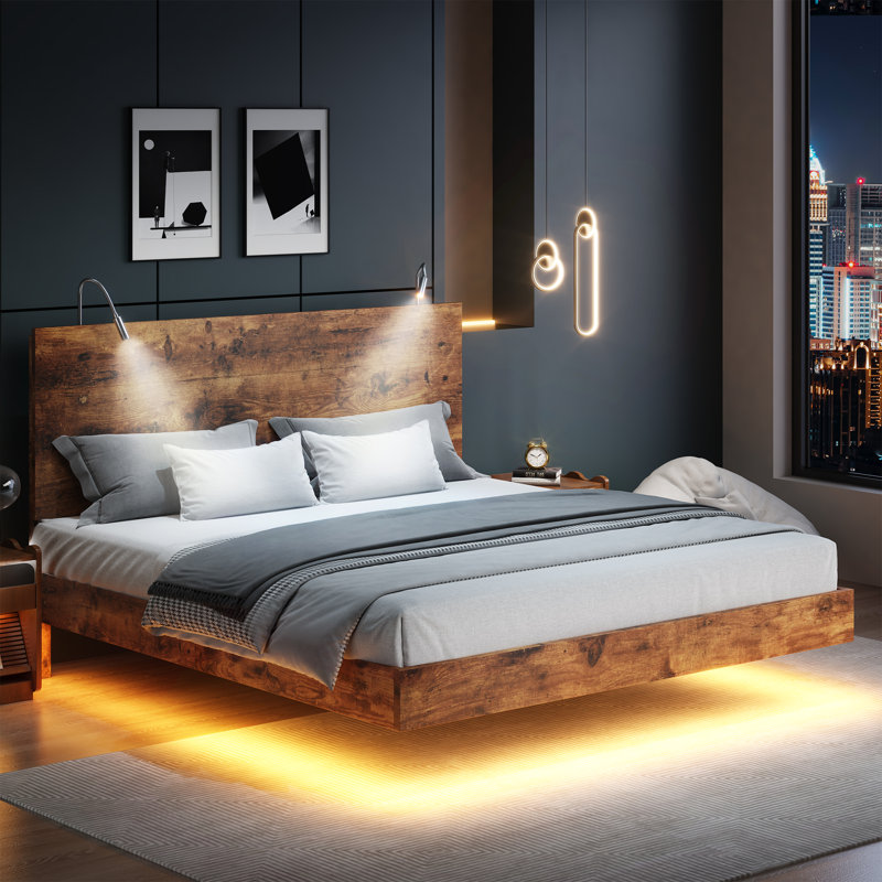 Wooden floating bed frame with LED lights,Platform Bed Frame with Reading Light Headboard, KIng