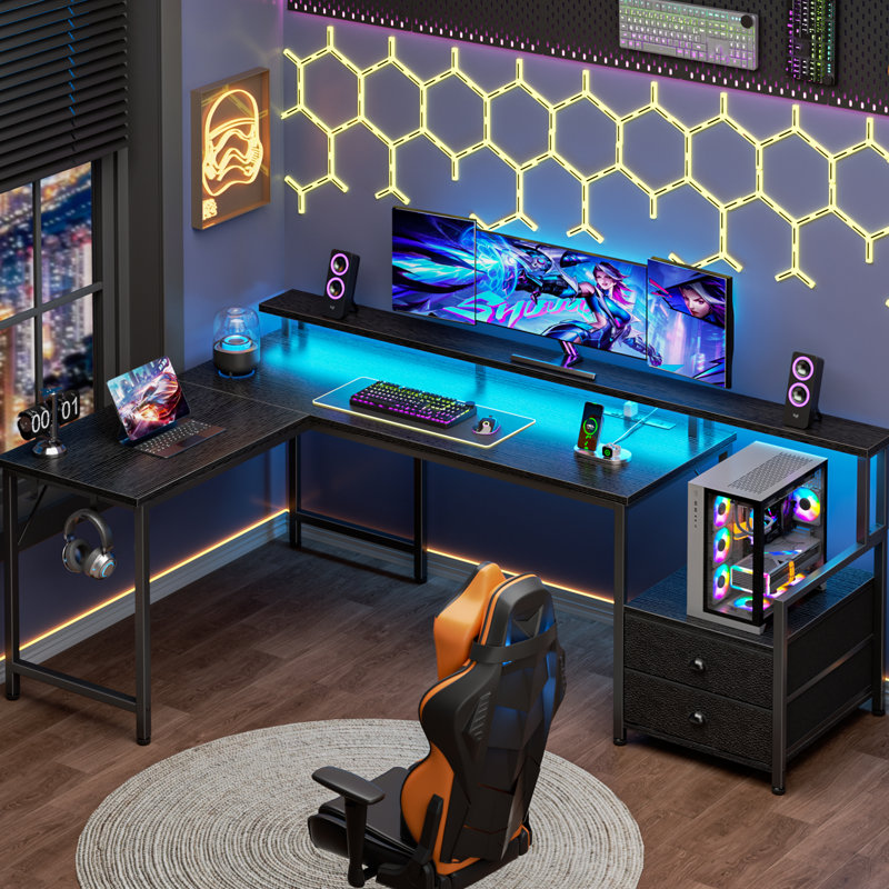 Bureau de jeu en L 66 po avec lumières DEL et prises de courant, bureau d'ordinateur avec tiroirs et support pour imprimante