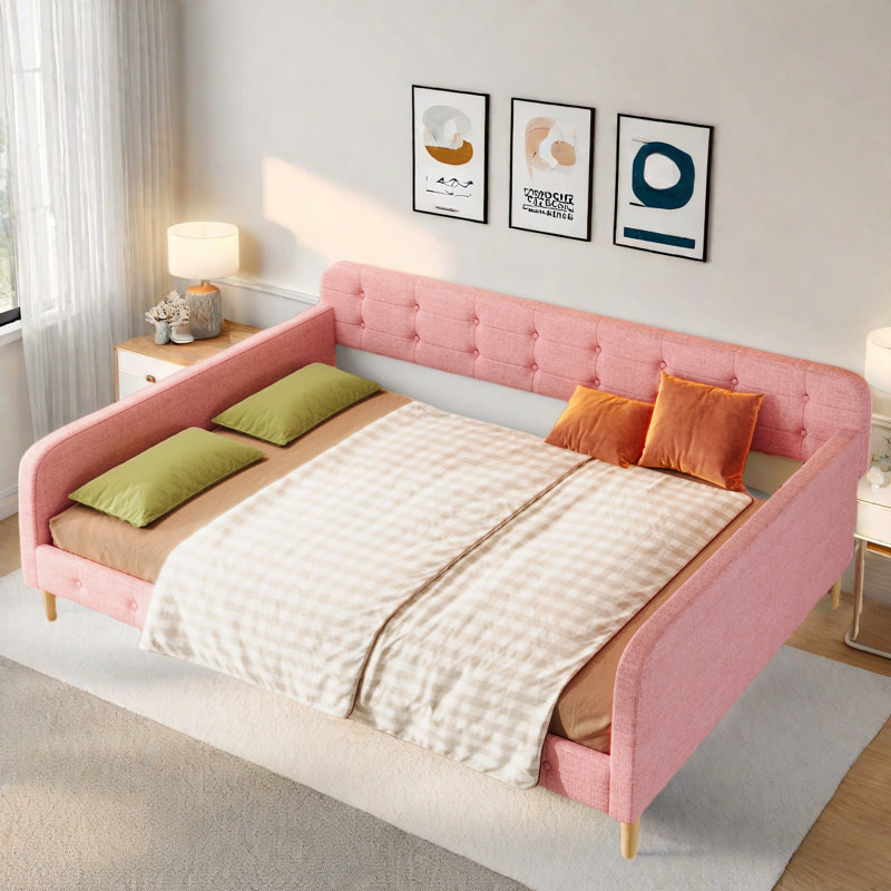 Lit de jour rembourré avec 4 pieds de soutien, Rose