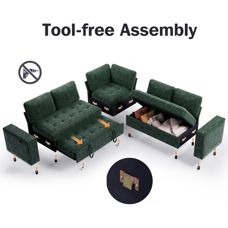 102Inch U-Shaped 8-Seater Sleeper Sofa, Chenille Fabric, Adjustable Backrest 100°-160°, Pull-Out Beds & Storage, Usb Charging, Led Night Light, Foldable Side Table, Tool-Free Assembly