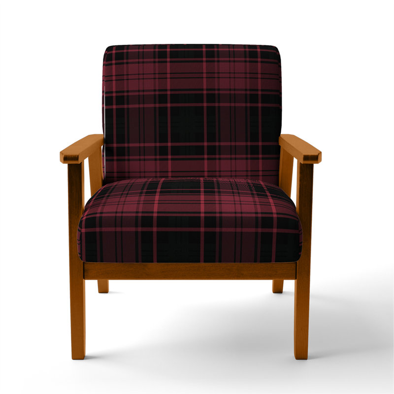 'Fetullah Green And Orange Checked Tartan - Upholstered Patterned Accent Arm Chair, Red/Black, Brown