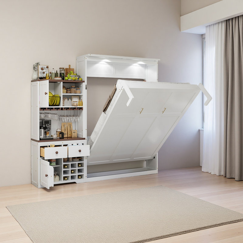 Grand lit escamotable avec armoire de rangement, support à vin, porte-verre, tiroirs et bande DEL multicolore, Blanc
