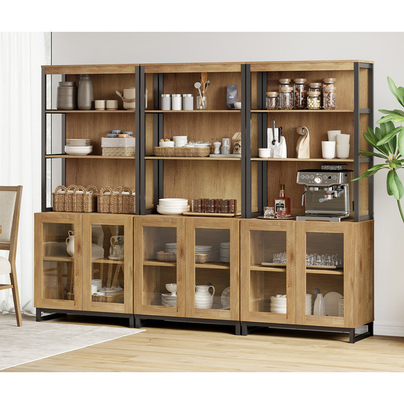 3 PCS Modern 72" Sideboard With Glass Doors And Adjustable Shelves, Multifunctional Buffet Cabinet With Storage And Open Shelves For Dining Room Or Kitchen