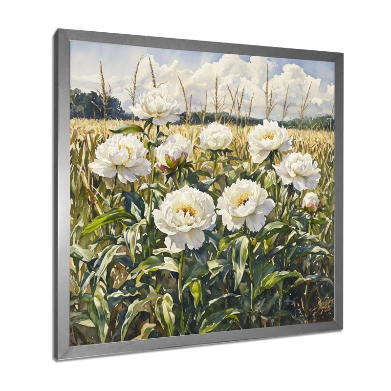 Été pivoines dans le champ de maïs III - pivoines, art mural pour le salon, Reproduction encadrée d'une seule photo