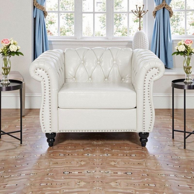 Fauteuil d'appoint monoplace avec pieds en bouleau, revêtement en polyuréthane, capacité de poids de 220 lb, Blanc