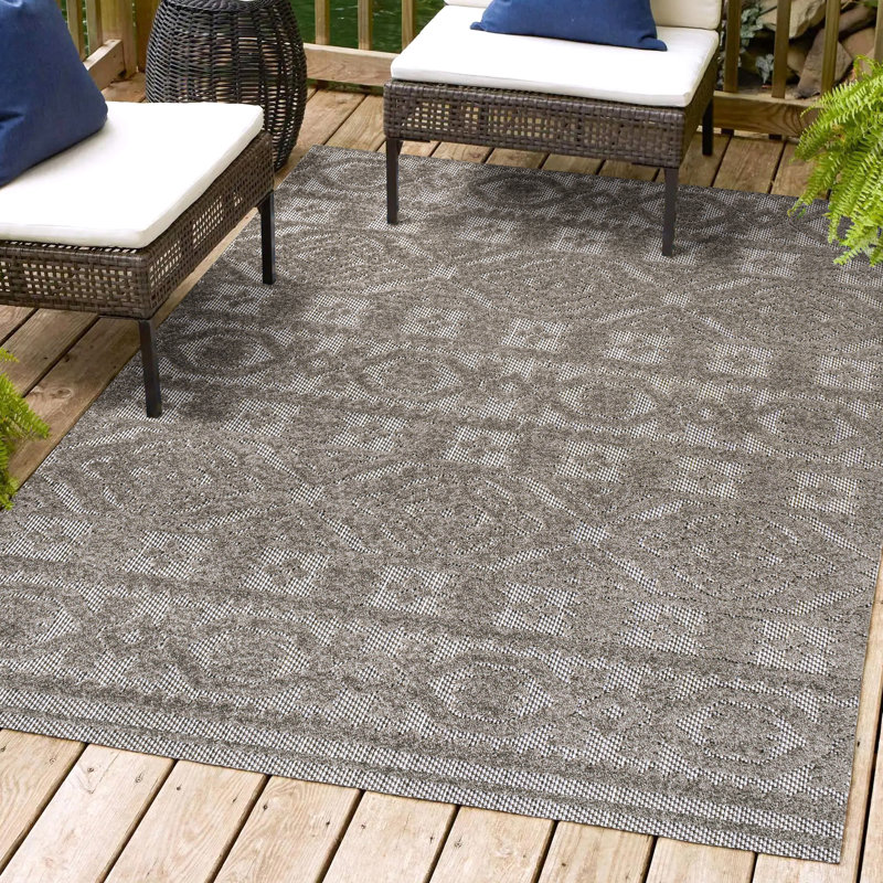 Citta High-Low Pile Mediterranean Tile Dark Gray/Ivory Indoor/Outdoor Rug, Rectangle 5' x 8'