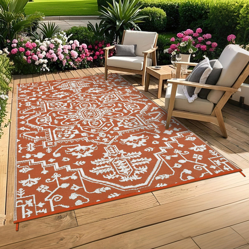 10 x 20 ft Brick Red White Polyester Rectangular Area Rug Outdoor Floral Medallion Waterproof Reversible UV Resistant Easy Cleaning for Outdoor