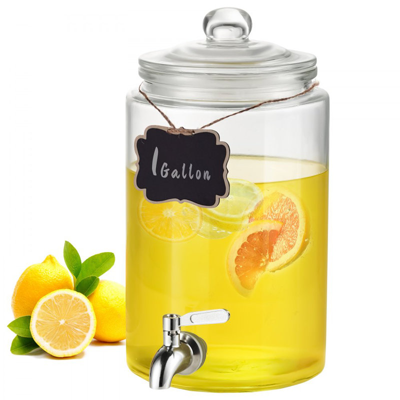 Distributeur de boissons, distributeur de boissons de 1 gallon pour les fêtes, distributeur de jus en verre avec robinet en acier inoxydable