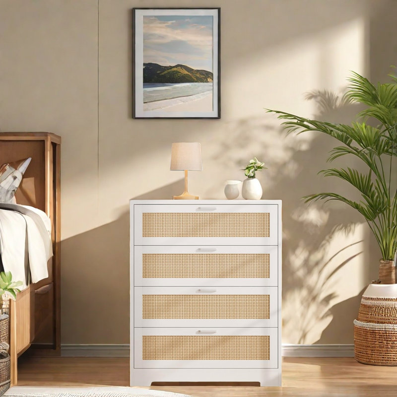 4 Drawer Dresser, Rattan Dresser With Power Outlets, White