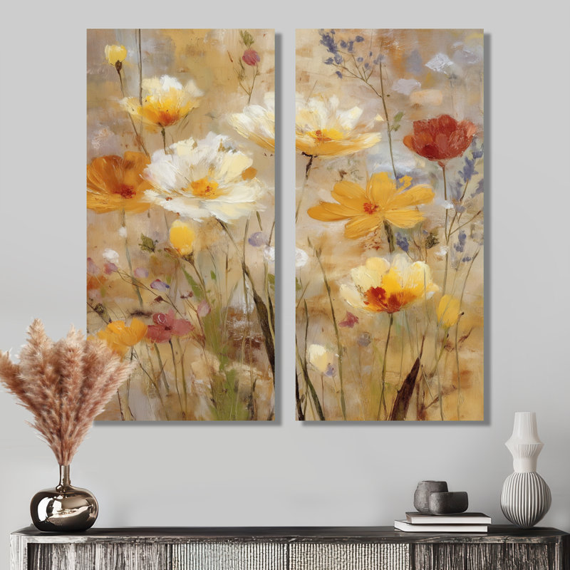 Art sur toile, "Fleurs sauvages d'automne", art mural floral jaune 2 pièces, H 20 po x l 24 po, Toile tendue