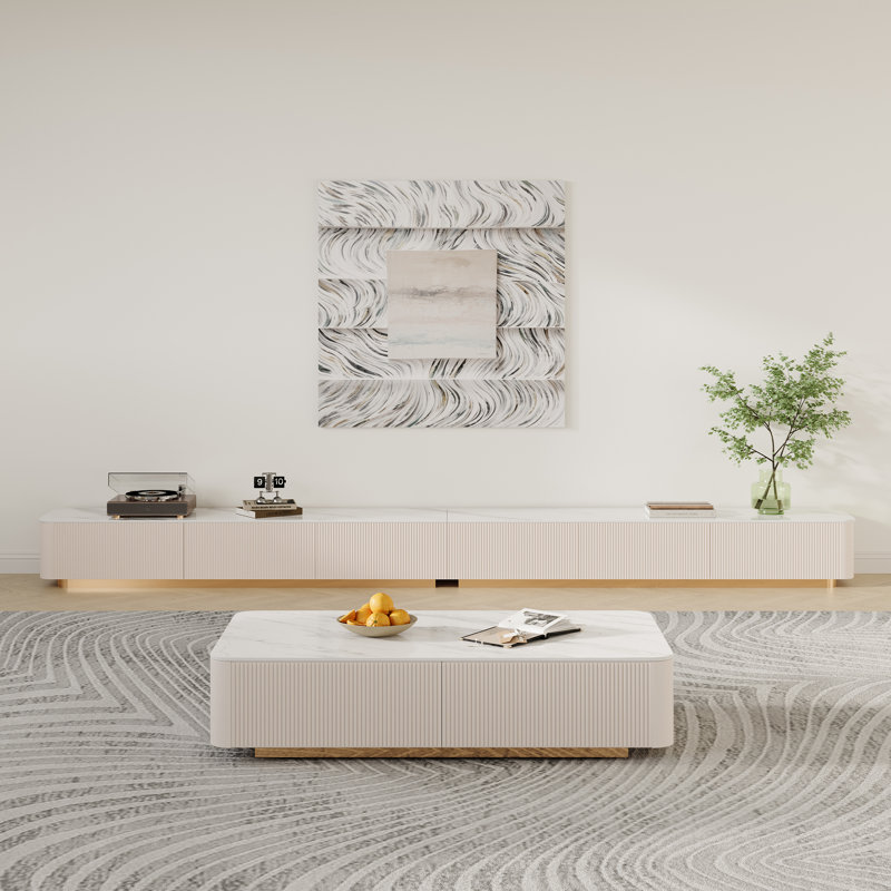 Billy Modern TV Stands with Glossy Sintered Stone, White Media Console with 4-6 Drawers for Living Room