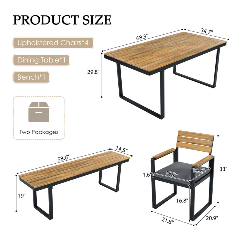 Ensemble de salle à manger de patio en bois massif pour 6 à 7 personnes, trou de parasol inclus, avec 1 table, 4 chaises et 1 banc, coussins gris amovibles