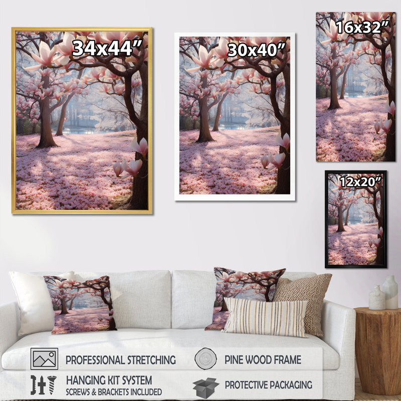 «Pink Brown Magnolias Nature Serenity I», reproduction sur toile, 32" H x 16" W, Cadre flottant doré