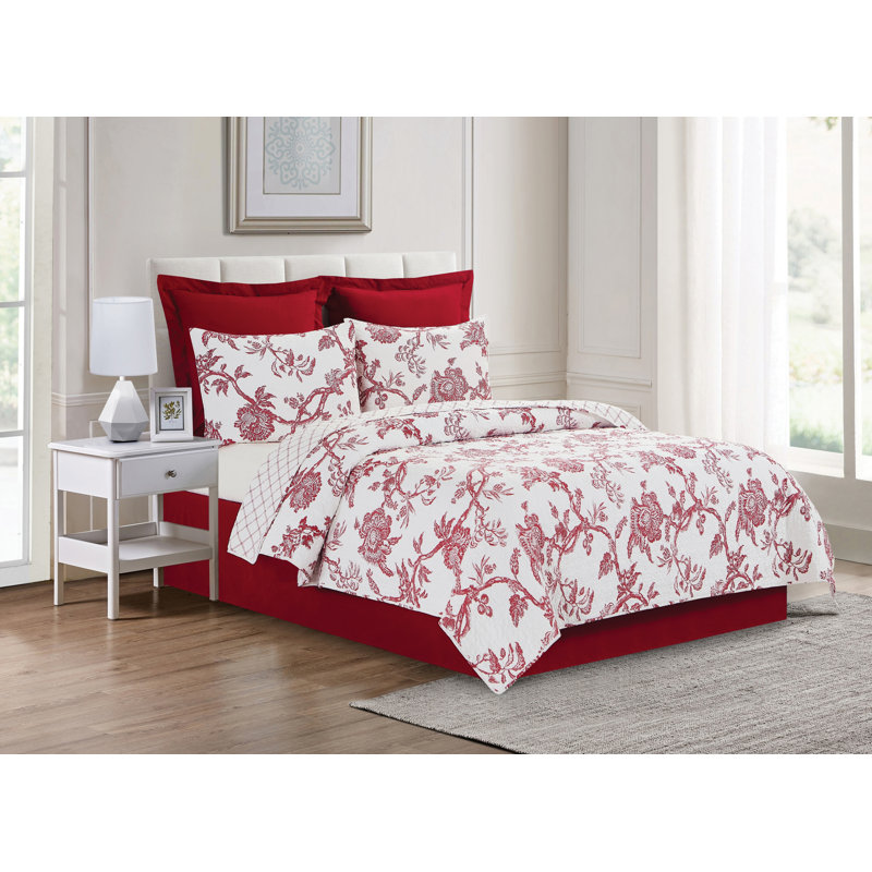 Ensemble de courtepointe réversible en coton rouge / blanc, Courtepointe simple + 1 taie décorative standard