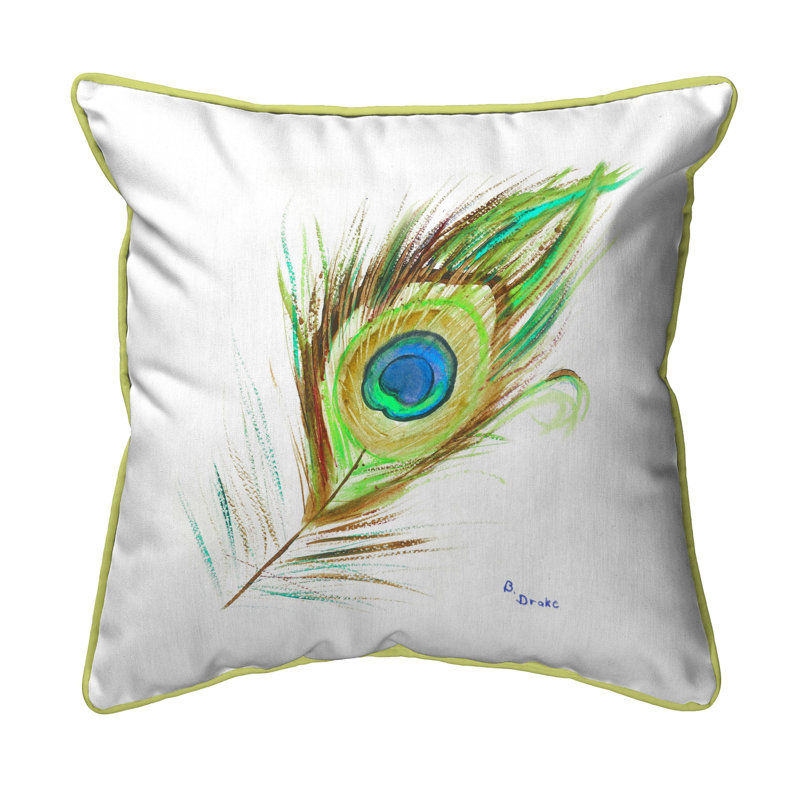 Large Square Green and Blue Peacock Feather Indoor/Outdoor Pillow